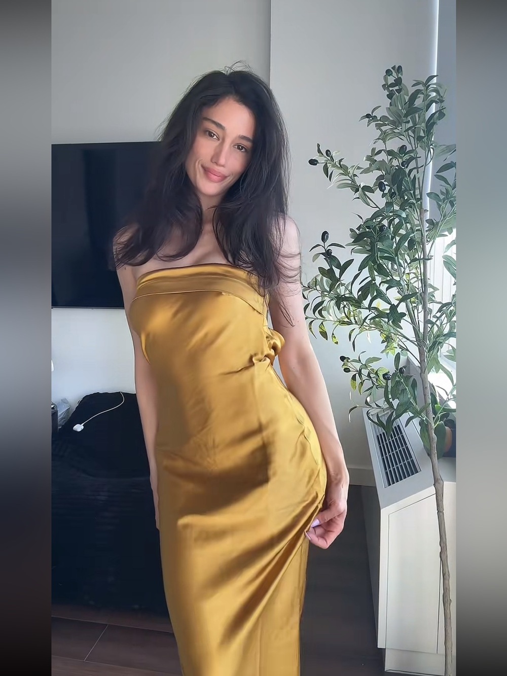 Strapless Satin Slip Dress in Mustard Gold XS